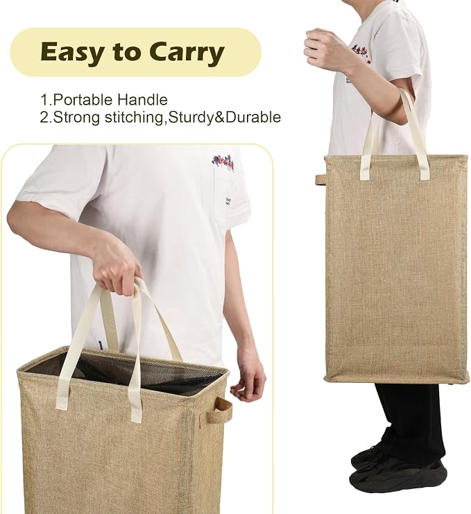 Odonata Slim Laundry Hamper Handles Collapsible Laundry Basket Thin Dirty Clothes Basket Narrow Laundry Bag Foldable Dirty Hamper 45L (Light Khaki) - Image 5