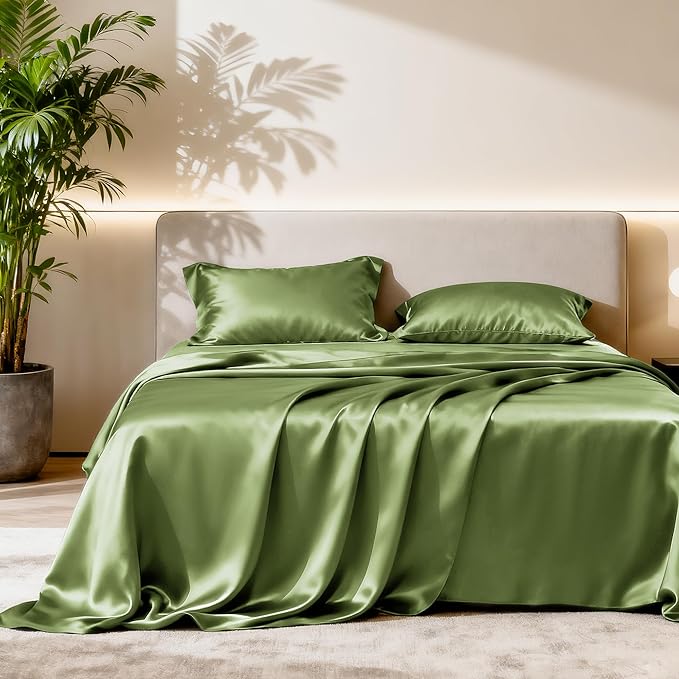 Love's cabin Twin XL Satin Sheet Sets - 3 Piece Sage Silky Bed Sheets with Deep Pockets, Luxury Silk Feel Satin Sheet Set Twin XL (1 Flat Sheet,1 Fitted Sheet,1 Pillow case)