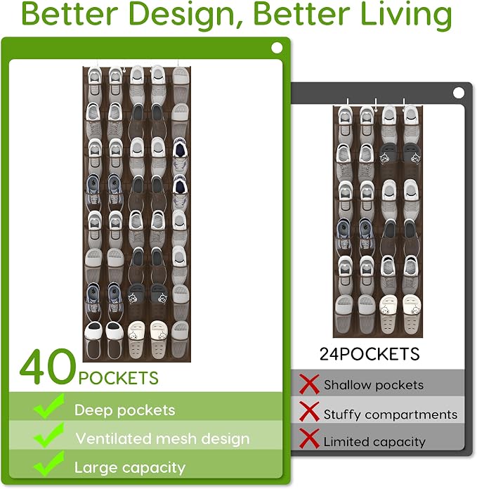 Unjumbly Over the Door Shoe Organizer with 40 Large Breathable Mesh Pockets, Space Saving Shoe Holder, Hanging Shoe Rack for Entryway Bedroom Closet Storage (Brown, 40 Pockets) - Image 5