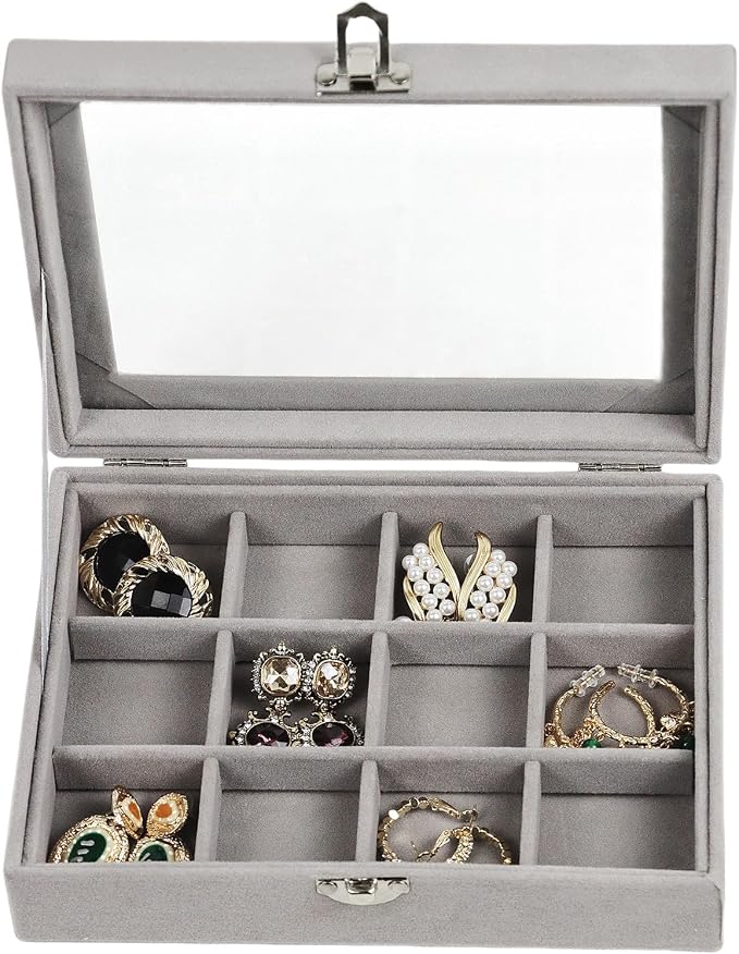 Fordonral Velvet Jewelry Organizer Box, Jewelry Drawer Organizers Trays, Earring Ring Necklace Holder Display Case (Gray, 12 Grid Box) by Fordonral
