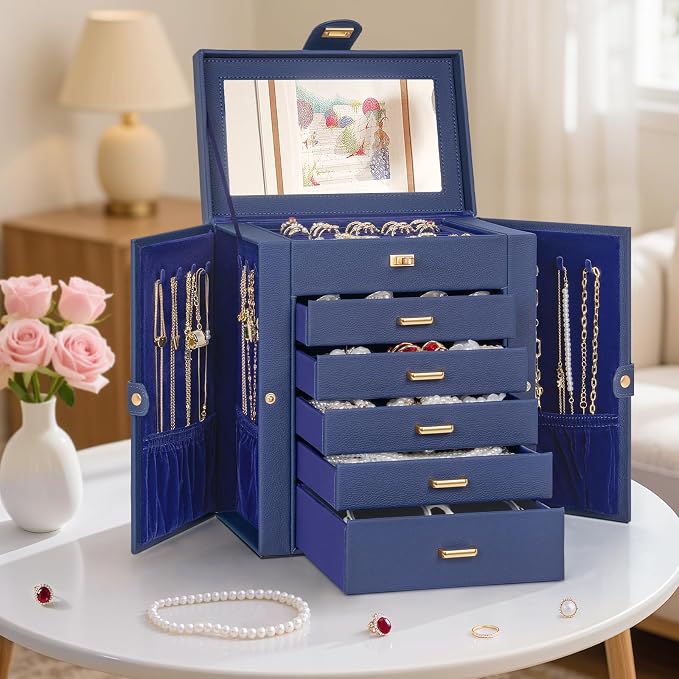 AKOZLIN 6-Tier Jewelry Box Organizer Functional 5 Drawers Leather Jewelry Storage Case for Women Girls Ring Necklace Earring Bracelet Holder Organizer with Mirror Blue - Image 7