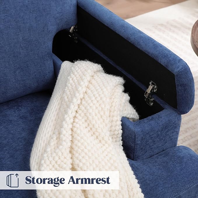 Oversized Accent Chair Set of 2 with Storage Armrest, Modern Upholstered Reading Living Room Chairs, Comfy Large Armchair, Fabric Single Sofa Chair for Bedroom (Navy Blue)