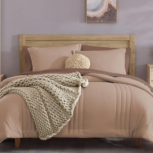 Monbix Queen Comforter Set - 7 Pieces Rust Pink Bed in a Bag Queen Bedding Sets with Comforters, All Seasons Comforter Bed Set with Sheets,Pillowcases & Shams