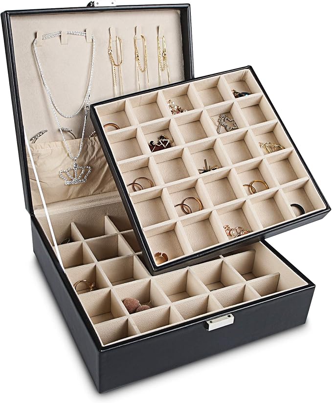 Frebeauty Earring Holder Organizer, 50 Slots Earring Organizer,2 Layer Jewelry Box for Earrings and Necklace,PU Jewelry Organizer,Jewelry Organizers and Storage(Black) by Frebeauty
