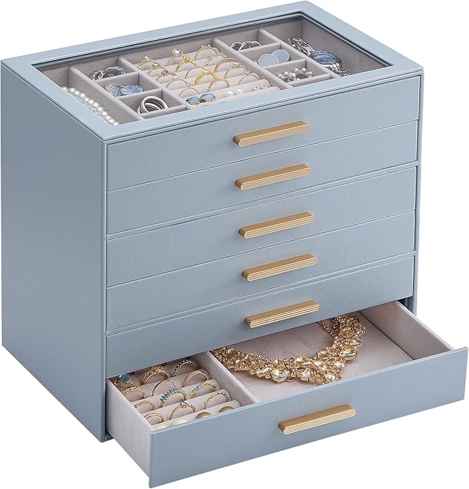 Lolalet Jewelry Box Organizer, 6-Layer Jewelry Organizers and Storage Case with Glass Lid, Ring Earring Bracelet Necklace Holder Organizer, Birthday Valentine Gifts for Women Girls -6Layer, HazeBlue by Lolalet