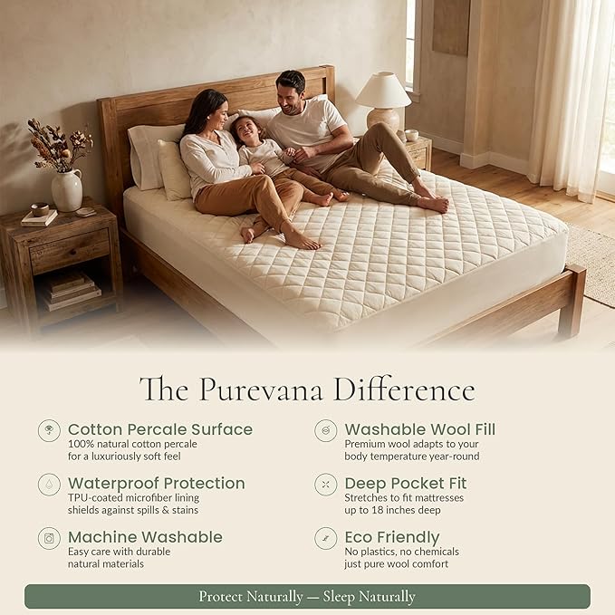Waterproof Mattress Protector with Washable Wool Filling, Natural Cotton Top, Breathable, Temperature Regulating, Moisture-Wicking, Washable Cover, King