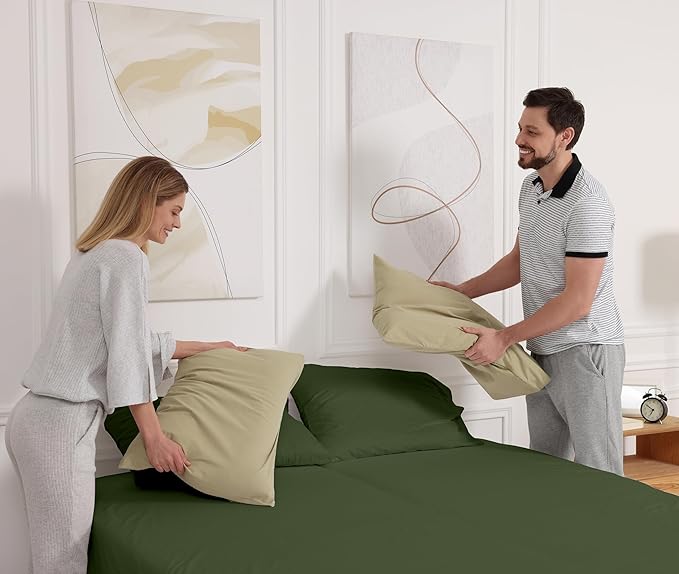 RUVANTI 100% Cotton Sheets – Split King Size Percale Bedding, Cooling & Breathable, Durable with a Crisp, Soft & Comfortable Feel, 16" Deep Pocket, 5-Piece Set, Chive