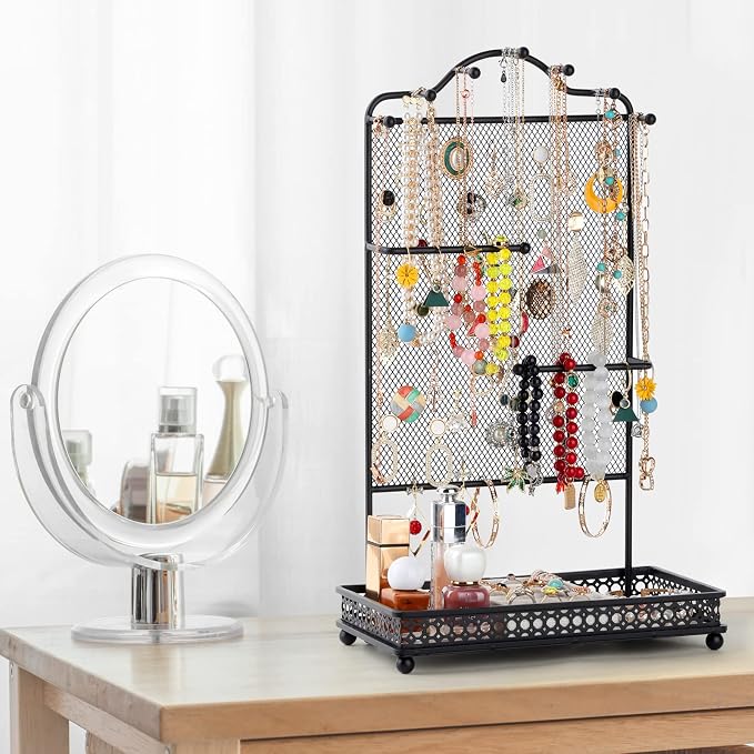 Meangood Black Jewelry Organizer Stand, Earring Holder Rack for Hanging Earrings Necklace Bracelets Watches Jewelry Display Large Rings Storage as Women Gift - Image 6