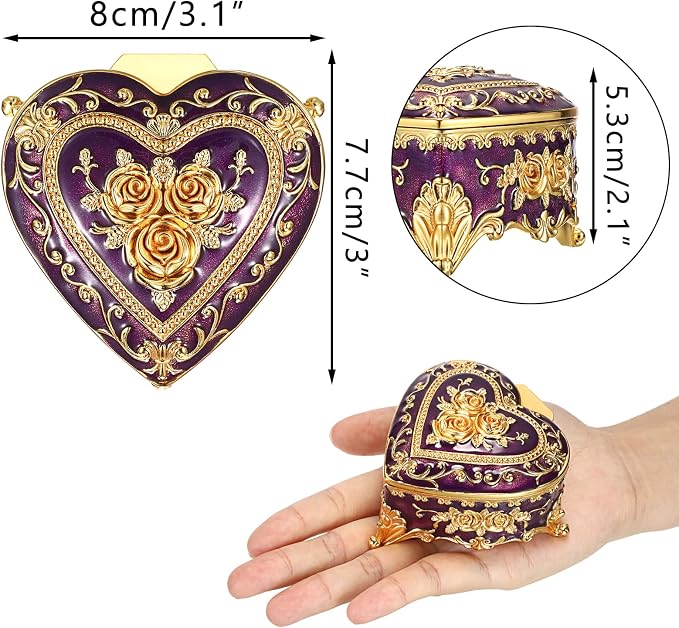 Hipiwe Decorative Jewelry Box Purple Vintage Jewelry Storage Case with Rose Pattern Heart Shaped Treasure Chest Box for Earrings Ring Necklace Keepsake Organizer - Image 3