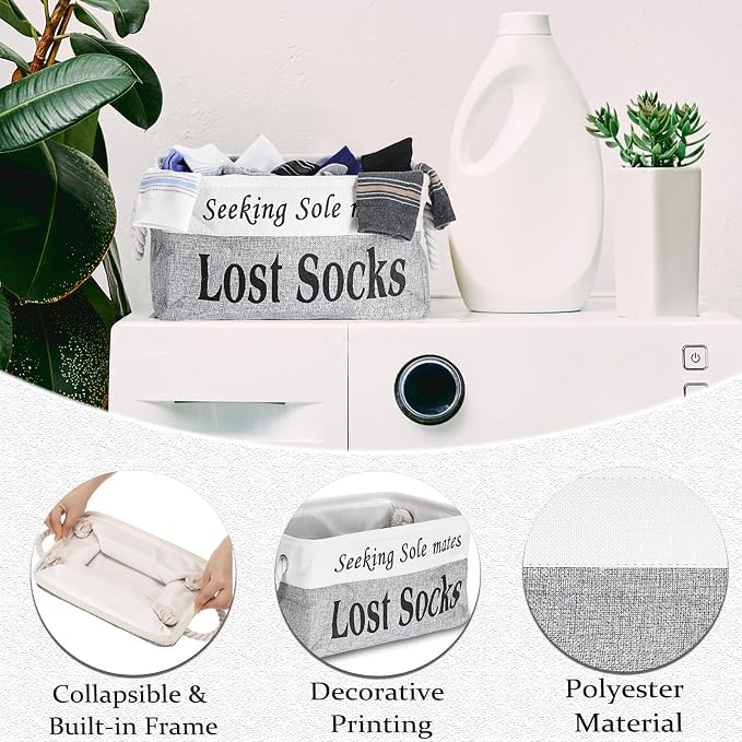 Lost Socks Basket for Laundry Room, Fabric Missing Sock Holder for Single Sock Organization, Collapsible Lost Socks Bin Stockings Container, Farmhouse Laundry Room Decor and Accessories - Image 5