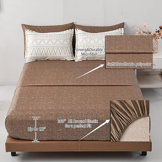 WONGS BEDDING Brown Boho Comforter Set Queen 7 Pieces Bed in a Bag Geometric Striped Comforter Reversible Soft Microfiber Bedding Set with Pillowcases,Flat Sheet,Fitted Sheet,Pillow Shams