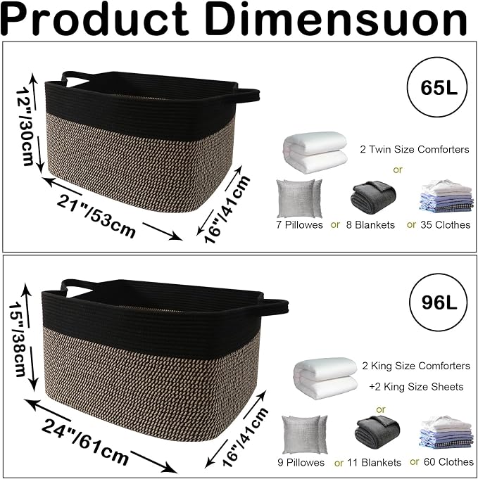 96L Large Blanket Basket,24"x16"x15"Rectangle Storage Bin with Handles,Woven Rope Laundry Basket for Toys, Clothes,Magazines,Home Organization,Nursery,Living Room & Bedroom,Black&Jute - Image 2