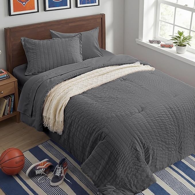 Zzlpp Twin Comforter Set 5 pieces, Dark Grey Seersucker Bed in a Bag with Comforter and Sheets, All Season Bedding Sets with 1 Comforter, 1 Pillow Sham, 1 Pillowcase, 1 Flat Sheet, 1 Fitted Sheet