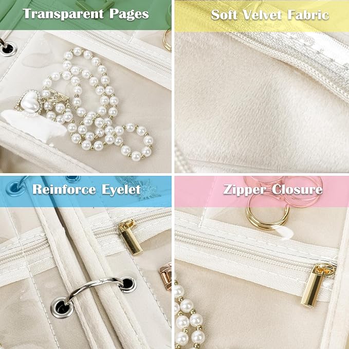 Travel Jewelry Organizer Case,Jewelry Bags Jewelry Storage Book Binder with Clear Zipper Velvet Pouch for Traveling,Earrings, Rings, Necklace, Bracelet (White) - Image 4