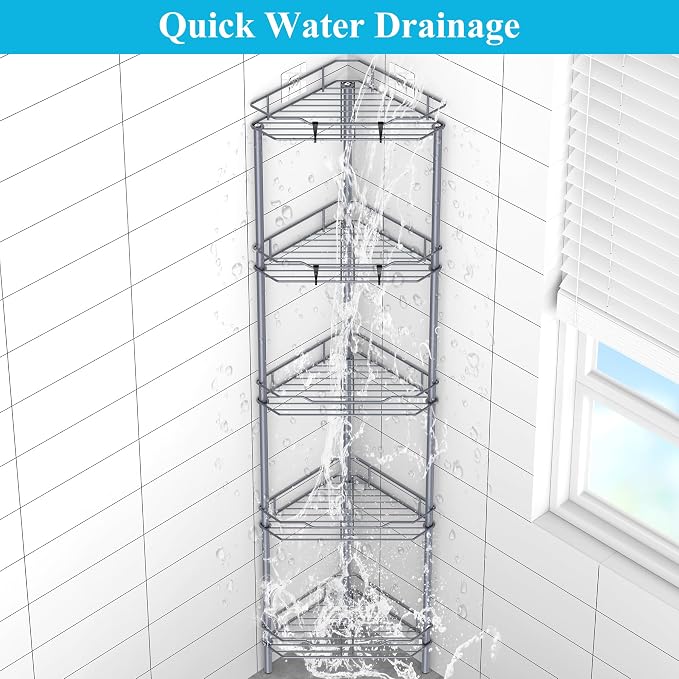 HuggieGems 5 Tier Floor Standing Corner Shower Caddy Organizer Shelf with Hooks, Bathroom Shelves Stand Rack, Dark Gray - Image 4