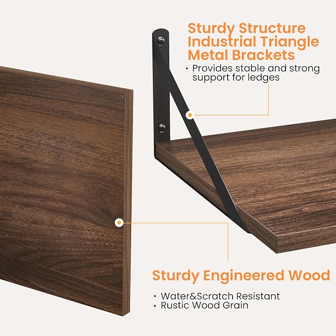 Heimlove 12 Inch Deep Floating Shelves for Wall, 16W x 12D Wood Wall Shelves Set of 2, Walnut Wide Floating Bookshelf for Living Room, Kitchen, Office, Bedroom, with Black Metal Bracke - Walnut - Image 4
