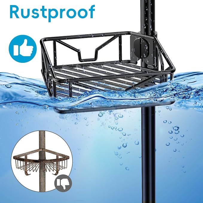 Skycarper 5 Tier Adjustable Corner Shower Caddy Organizer with Hooks,Rustproof Tension Pole 62-116 Inch, Black - Image 5