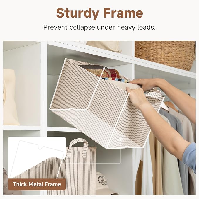 StorageWorks Storage Bins, Fabric Storage Bins for Shelves, Large Storage Baskets with Metal Frame, Closet Baskets and Bins with Handles, Khaki and Beige Stripes, 2-Pack - Image 5