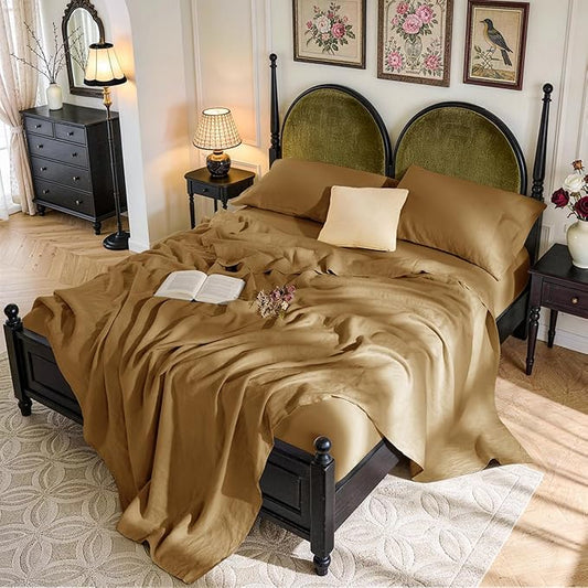 SONORO KATE 100% French Pure Linen Sheets, Breathable and Durable, 16 Inch Deep Pocket - 4 Piece (Rust, California King)