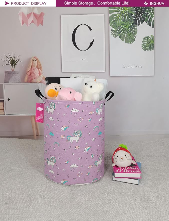 Laundry Hamper Large Canvas Fabric Lightweight Storage Basket/Toy Organizer/Dirty Clothes Collapsible Waterproof for College Dorms, Boys and Girls Bedroom,Bathroom(Unicorn) - Image 3