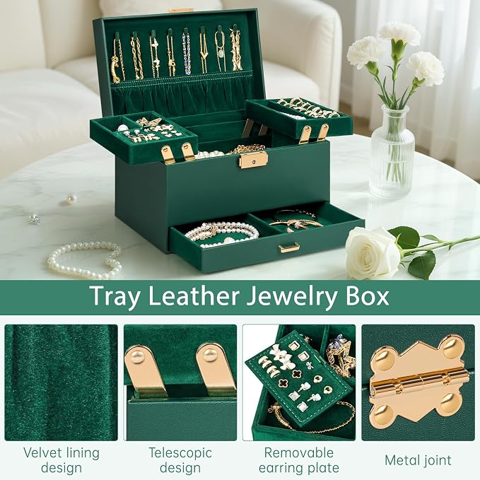AKOZLIN Travel Jewelry Box Organizer Functional 2-trays Leather Jewelry Storage Case with Lockable Portable Drawer for Women Girls Ring Necklace Earring Bracelet - Image 3