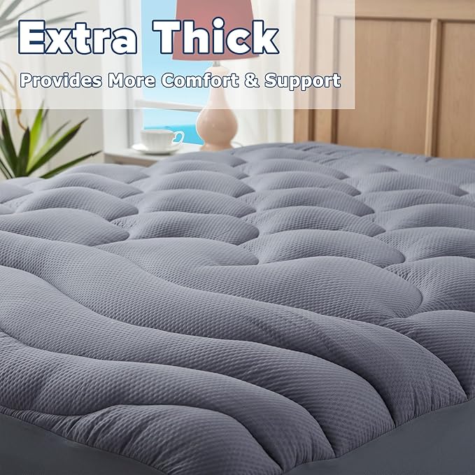 Twin Size Mattress Pad for Pain Relief, Pillow Top Cooling Twin Mattress Topper for Single Bed, Thick Fluffy Mattress Protector Cover Quilted Fitted Deep Pocket (39x75 inch, Grey)