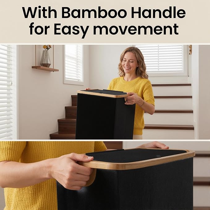 efluky Slim Laundry Basket with Lid, Narrow Laundry Hamper with Removable Bag, Skinny Dirty Clothes Basket with Bamboo Handles for Bathroom, Bedroom & Laundry Room, 65L Black - Image 4