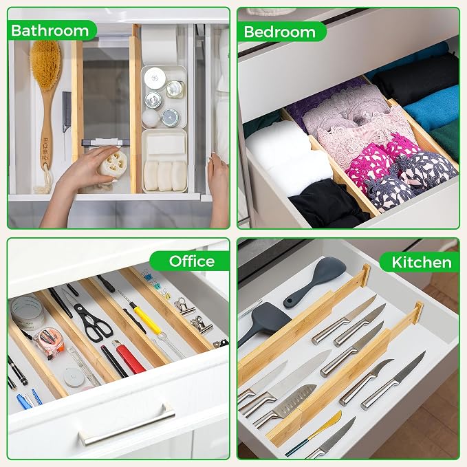 4 Pack Bamboo Kitchen Drawer Dividers with Inserts 2.6" High, Adjustable from 12.5 Inch to 21.7 Inch Drawer Organizers, Expandable Drawer Separators for Clothes, Bedroom, Dresser, Office (Beige) - Image 5