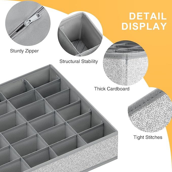 Joyoldelf Sock Drawer Organizer Divider Underwear Organizer 24-cell Fabric Dresser Drawer Organizers Storage Boxes for Socks Lingerie, Handkerchiefs, Ties 4 Pack (Gray) - Image 8