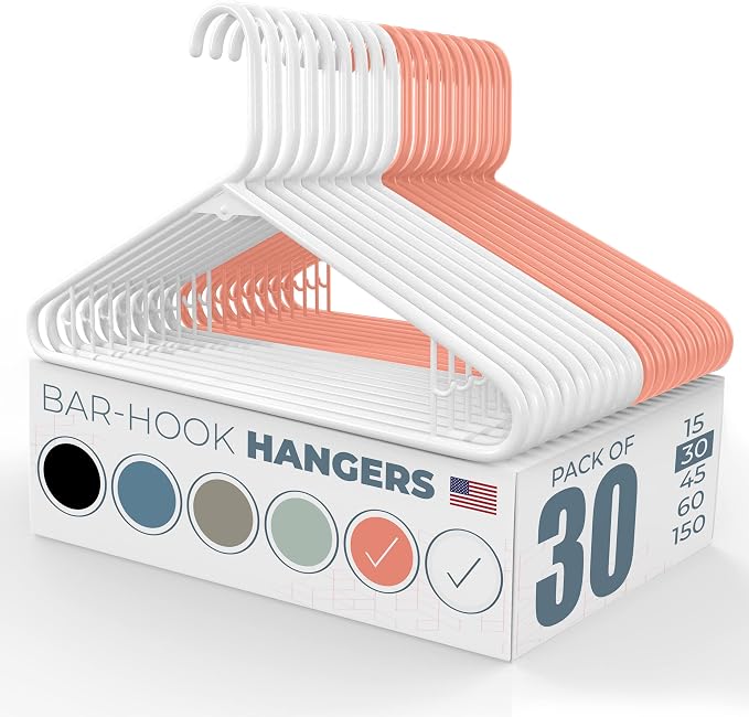 Neaties Plastic Hangers 30 Pack – Made in The USA – 6lb Capacity Standard Clothes Hangers with Strap Hooks for Dresses, Lingerie, Shirts, Pants, and Jackets – White & Peach by NeatiesHangers