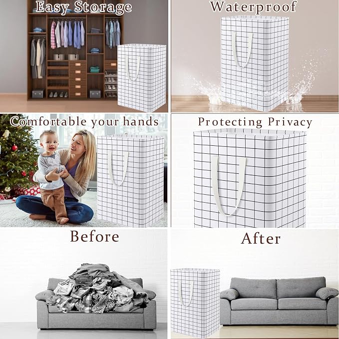 Waterproof Laundry Hamper Collapsible Laundry Basket Leather Handle Laundry Bag Large Clothes Storage Toy Organization for Bathroom Bedroom Laundryroom College Dorms (Laundry Basket-005) - Image 3