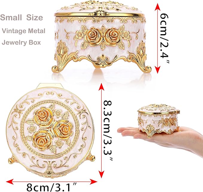 Hipiwe Vintage Round Jewelry Box Small Trinket Storage Organizer Box Gold Metal Chest Ring Case Treasure Box Keepsake Box Earrings Necklace Storage Box Gift for Women, Small - Image 3