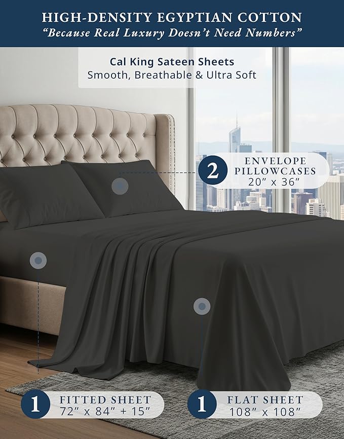 LANE LINEN 100% Egyptian Cotton Cal King Sheets, Long Staple Mercerized Cotton No Pill Fade Resistant Silky Sateen Weave for Soft & Comfy Good Night Sleep, Deep Pocket Fits 15" Mattress - Black