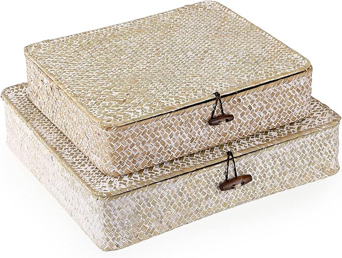 Hipiwe Set of 2 Flat Woven Wicker Storage Bins with Lid Natural Seagrass Basket Boxes Multipurpose Home Organizer Bins Boxes for Shelf Organizer (Whitewash) by Hipiwe