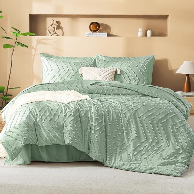 Litanika King Size Comforter Set with Sheets Sage Green - 7 Pieces Bed in a Bag King Boho Tufted Complete Bedding Sets with Comforter, Sheets, Pillowcases & Shams