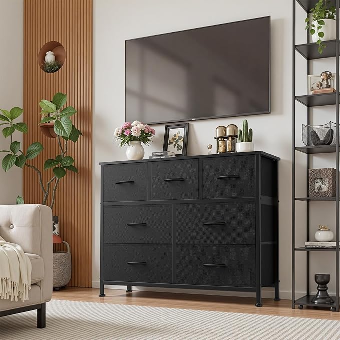 Sweetcrispy 7 Drawer Dresser with Fabric Bins Fabric Storage Tower Organizer for Bedroom Closet Hallway Entryway Tall Chest of Drawers with Steel Frame Wood Top Easy Pull Handles,Black - Image 2