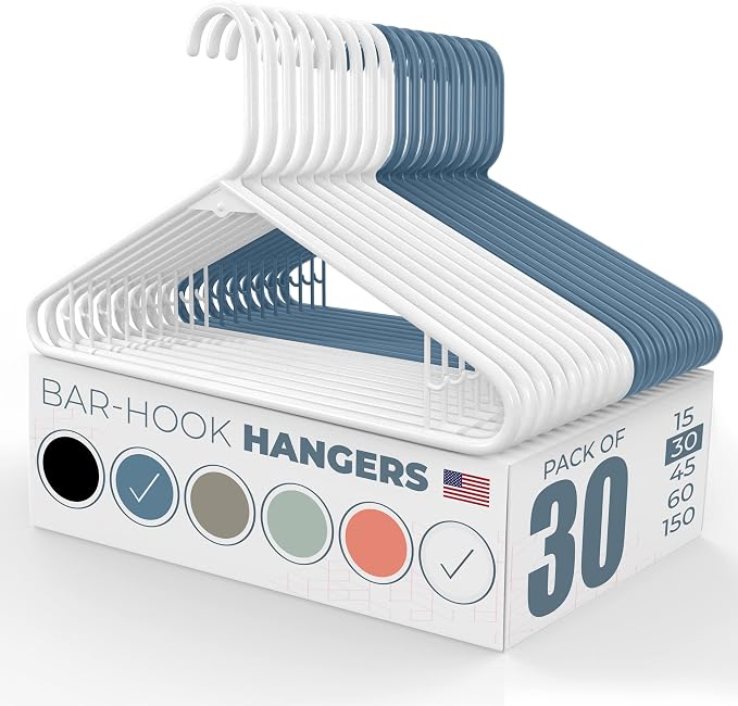 Neaties Plastic Hangers 30 Pack – Made in the USA – 6lb Capacity Standard Clothes Hangers with Strap Hooks for Dresses, Lingerie, Shirts, Pants, and Jackets – White & Blue by NeatiesHangers