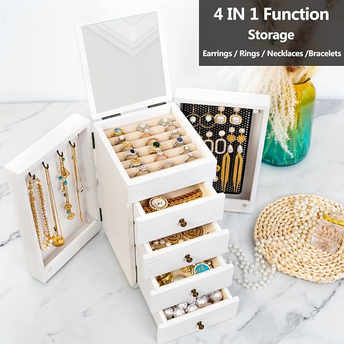 Meangood Jewelry Box Wood for Wowen, 5-Layer Large Organizer Box with Mirror & 4 Drawers for Rings, Earrings, Necklaces, White - Image 2