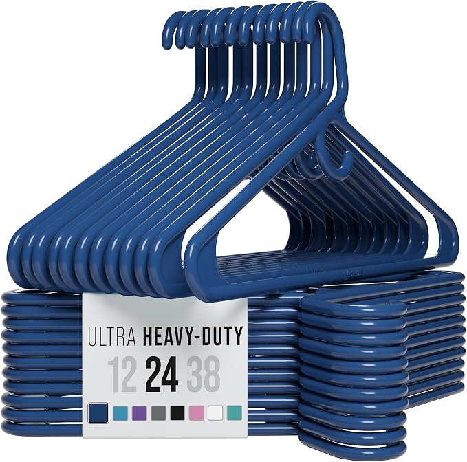 NEATERIZE Thick Heavy Duty Hangers - Navy Plastic Clothes Hangers 24 Pack - Great for Coat Hanger, Jackets Jeans & Suit Hanger for Closet - New Apartment Essentials Percheros Ganchos para Colgar Ropa by Neaterize