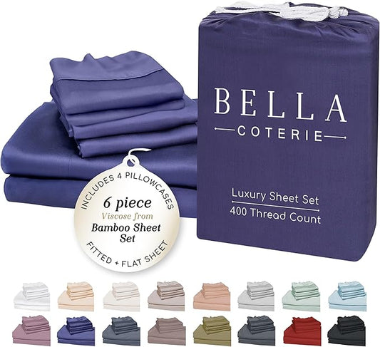 BELLA COTERIE 6 Piece Luxury Bamboo Viscose California King Size Sheet Set | 100% Organically Grown | Cooling for Hot Sleepers | 18" Deep Pocket | Soft & Hypoallergenic | 4 Pillowcases [Twilight Blue]