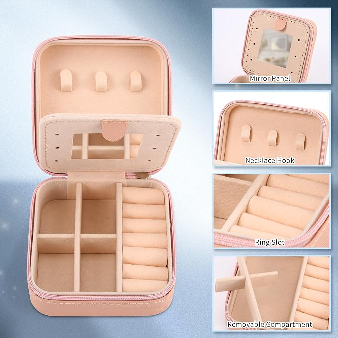 Neveika Jewelry Box with Mirror,Small Jewelry Organizer Box，Travel Jewelry Case for Women，Gift Jewelry Boxes for Female Girls (mirror pink) - Image 4