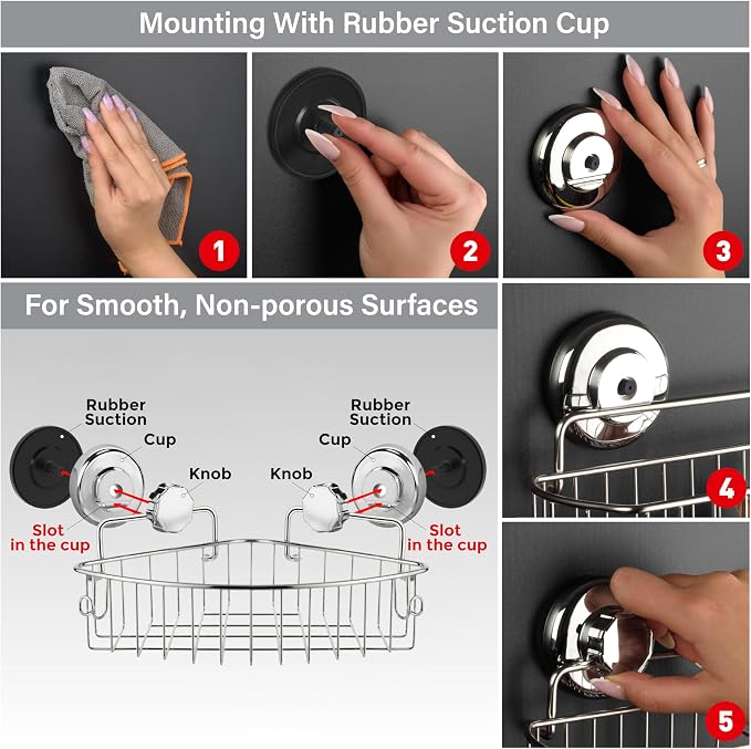 HASKO accessories Corner Shower Caddy with Suction Cups and 3M Adhesive Mounting Discs for porous surfaces - Stainless Steel Basket for Bathroom Storage (Chrome) - Image 4