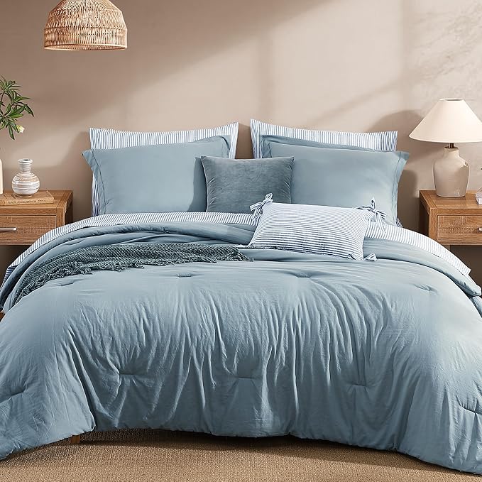 Monbix Super King Size Comforter Set - 7 Pieces Dusty Blue Prewashed Bed in a Bag Bedding Sets with Comforters, All Seasons Ultra Soft Comforter Bed Set with Sheets, Pillowcases & Shams