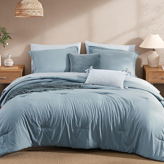 Monbix Super King Size Comforter Set - 7 Pieces Dusty Blue Prewashed Bed in a Bag Bedding Sets with Comforters, All Seasons Ultra Soft Comforter Bed Set with Sheets, Pillowcases & Shams