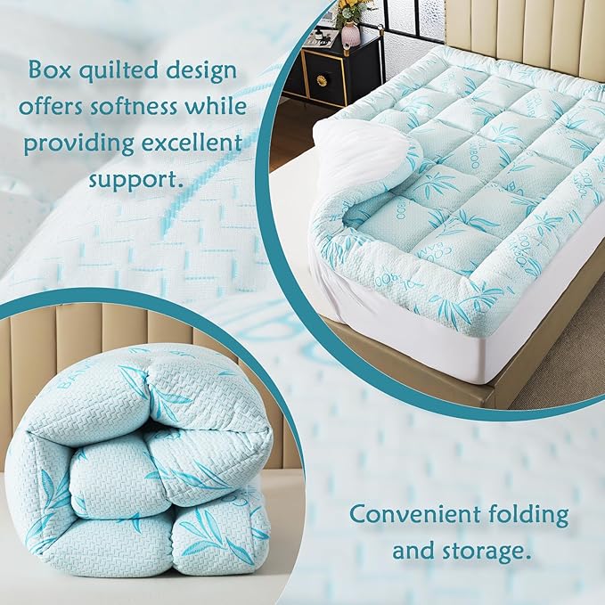 WhatsBedding 5 Inch King Mattress Topper Breathable Bamboo Viscose Air Layer,Memory Foam Mattress Topper King Size Blue.
