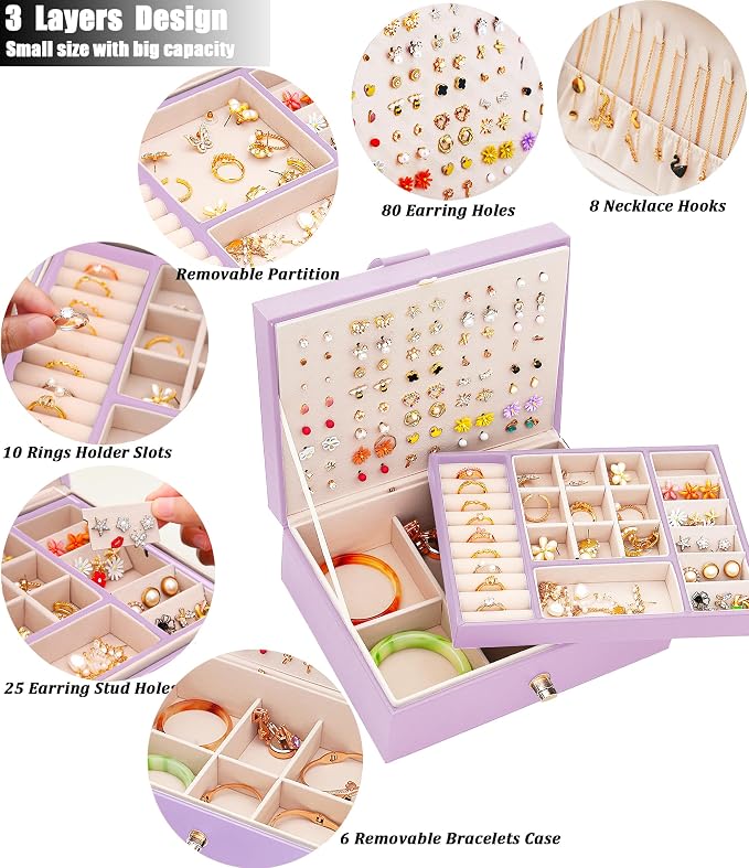 QBestry Girls Jewelry Box Earring Holder Organizer for Girls, Purple - Image 3