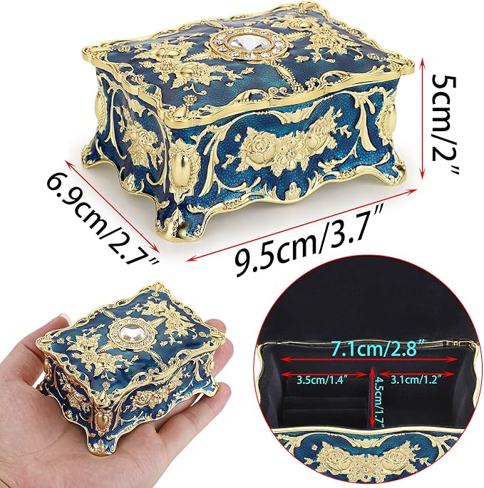 Hipiwe Vintage Jewelry Box, Small Enameled Trinket Box Organizer Rectangular Treasure Chest Box Jewelry Decorative box Keepsake Gift Box Case for Women,3.7x 2.7x 2 inch - Image 5