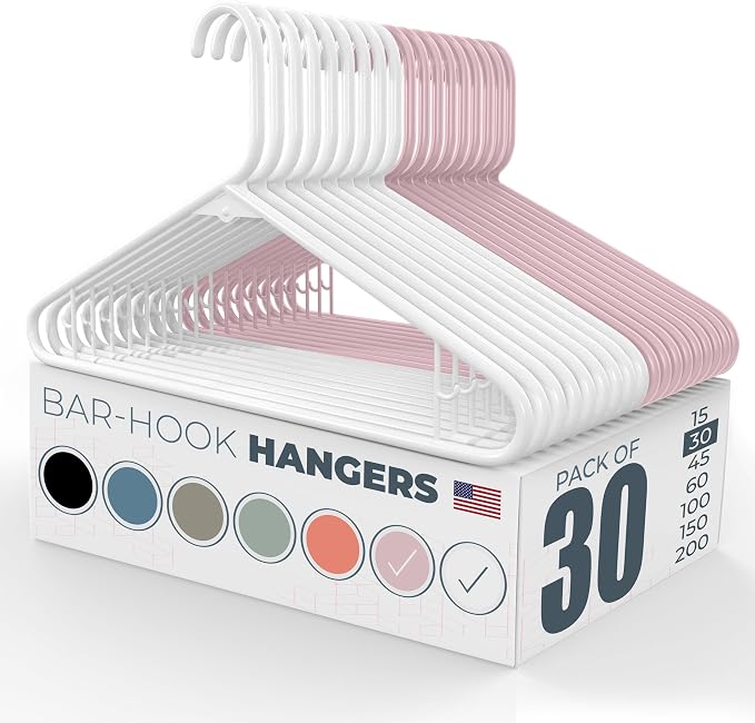 Neaties Plastic Hangers 30 Pack – Made in The USA – 6lb Capacity Standard Clothes Hangers with Strap Hooks for Dresses, Lingerie, Shirts, Pants, and Jackets – White & Pink by NeatiesHangers