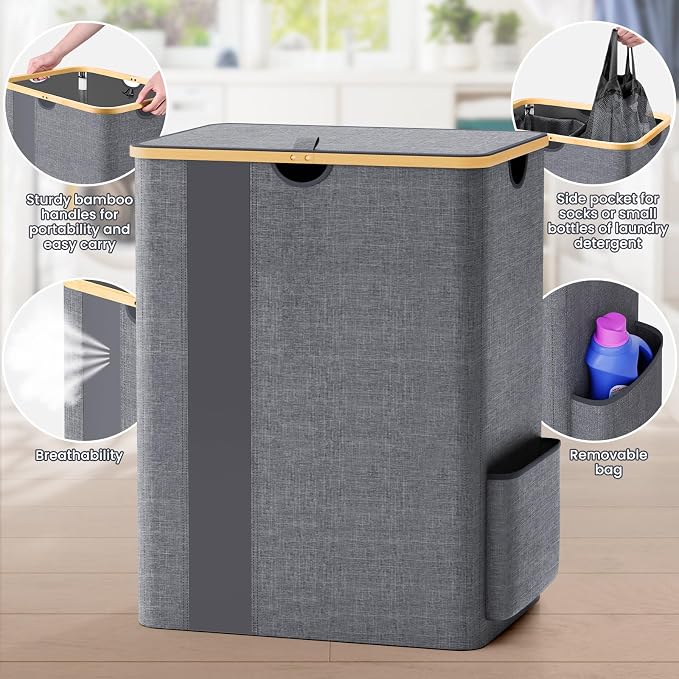 BlissTotes Laundry Basket with Lid, 150L Clothes Laundry Hamper with Handles and 2 Removable Laundry Bag, Breathable Design Hamper with Lid for Bedroom, Bathroom, Dorm, Laundry Room - Light Grey - Image 3