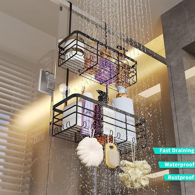 HapiRm Hanging Shower Caddy Organizer - No Drilling Shower Organizer with Hooks, Rustproof & Waterproof 304 Stainless Steel Bathroom Shelves - Black - Image 6